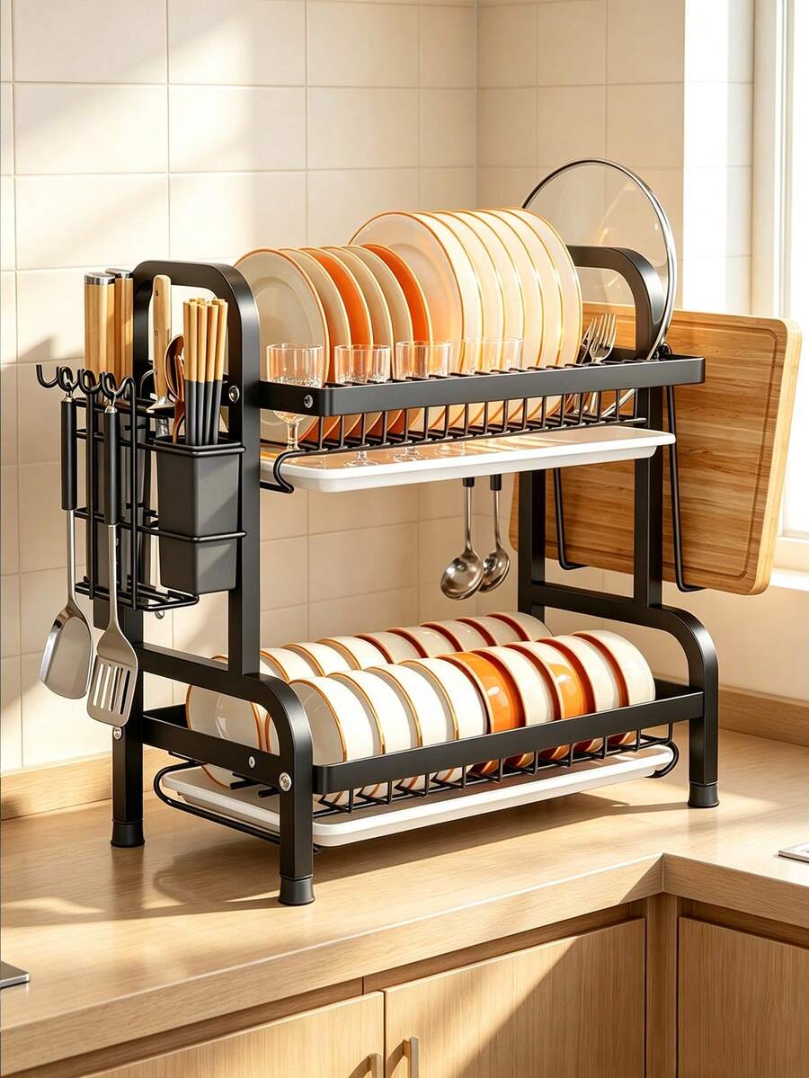 1 Set 2-Tier Large Capacity Kitchen Storage Rack With Side Cutting Board Holder, Bowl & Plate Rack, Utensil Holder, Knife & Fork Bucket, One-Stop Storage For Cookware And Tableware, Neat And Practical, Multi-Functional Carbon Steel Organizer For Pots, Bowls And Pans - Multicolor - View 1