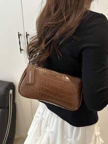 1件新款時尚百搭紋理單肩腋下包，適合約會、外出、派對等場合，女款純色錢包，鱷魚紋隨機位置 - 咖啡 - 查看 5