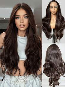 Women's 13*4 Front Lace Synthetic Glueless Wig, Dark Brown Hair, Heat-Resistant Fiber, Suitable For Daily Wear, Party, Cosplay, Music Festival, Halloween, Christmas, Natural Look, Easy To Maintain, Ponytail, Lace Cap, Curly Bangs, 1pc - Multicolor - View 17