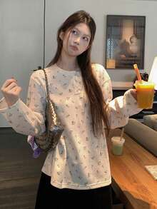 Kaos Lengan Panjang Rajut Waffle Kancing Kasual Motif Bunga untuk Wanita - Putih - View 1
