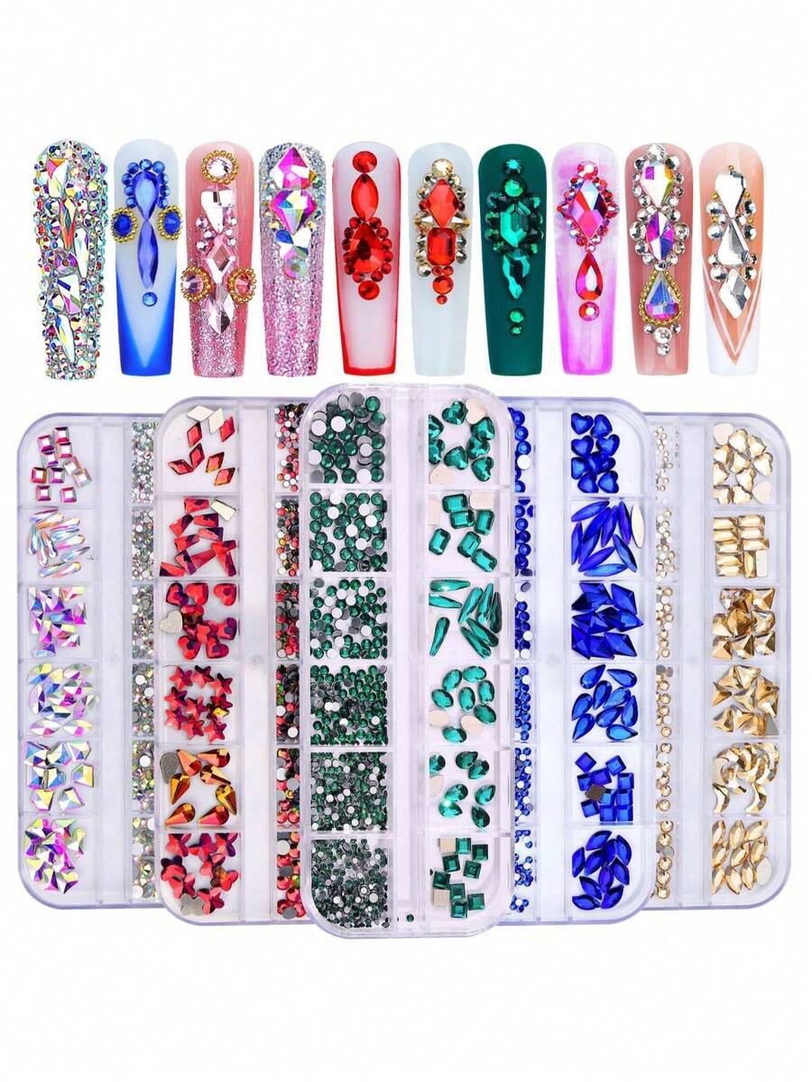 12-fack rund och flerformad lyxig glaskristall-rhinestone, färgglada platta 3D gnistrande nagelkonstdekoration, DIY nagelutsmyckningstillbehör, för DIY nageldesign och dagligt bruk - Multifärgad - Visa 1