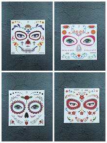 4 Sheets Day Of The Dead Sugar Skull Face Temporary Tattoo Stickers, Colorful Floral Skull Design, Waterproof Fake Face Decals For Halloween Carnival Cosplay Party Makeup - Multicolor - View 7