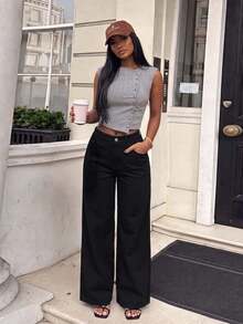 Low-Waist Wide-Leg Casual Blue Slant Pocket Curved Women's Jeans, Autumn Clothing Black Spring Fall - Black - View 4