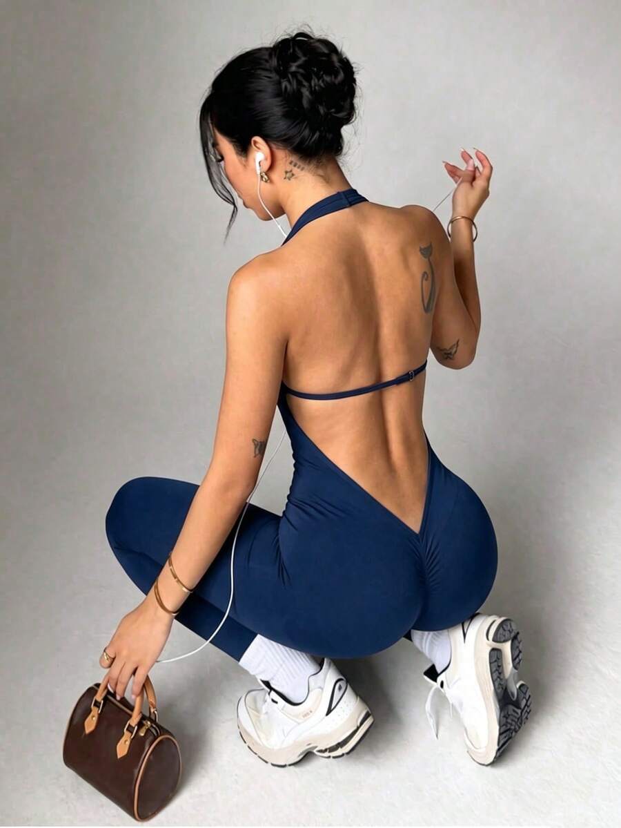 Women's Seamless Yoga Jumpsuit - High Elasticity, Tummy Control, Slimming Workout Jumpsuit, Breathable And Comfortable Summer Sports - Dusty Blue - View 1