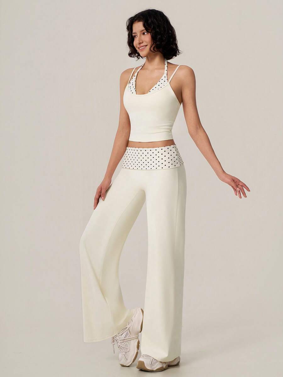 TimeOff Women's One Set Polka Dot 2 In 1 Tank Top With Folded Waist Wide Leg Pants Running Gym Sports Outfit - White - View 1