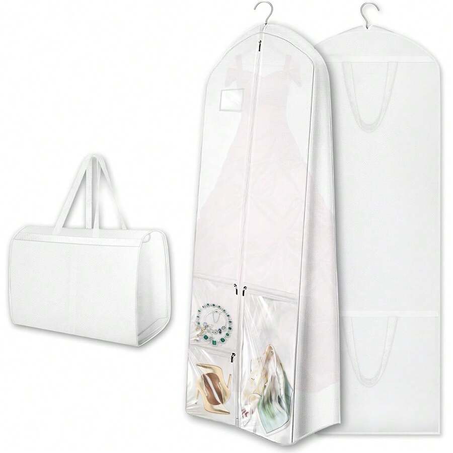 Wedding Dress Storage Bag, 70 Inch Long, 8 Inch Deep Wedding Dress Storage Bag With Pockets, 3 Pockets, Extra Wide Bottom Wedding Dress Storage Bag, Suitable For Travel And Closet Organization, Long Dress Storage Bag, 300D Polyester, Large Capacity Accessory Pockets, Foldable.