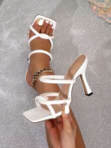 Spring/Summer Women's White Square Toe High Heel Sandals With Metal Decor, Minimalist Design - White - View 5