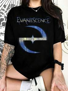 Evanescence Vintage Crescent Logo Graphic T‑Shirt, Cotton Oversized Crew Neck Short Sleeve Rock Band Fans Casual Tee - Black - View 1