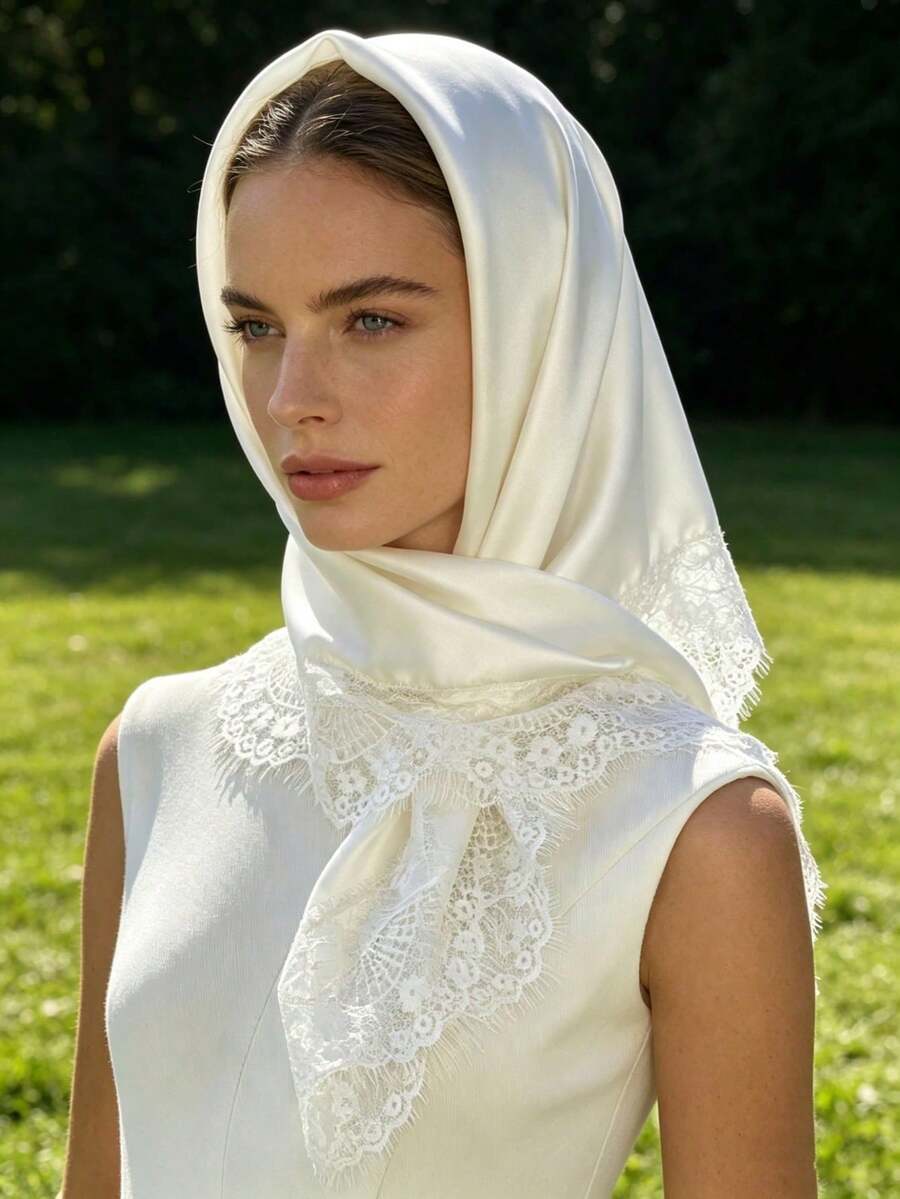 1 Piece Luxury Satin Hijab With Delicate Lace Trim - Silky Muslim Headscarf For Formal Events, Weddings & Daily Use - White - View 1