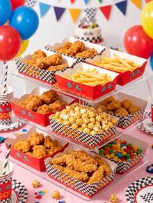 6pcs Racing Theme Paper Food & Snack Trays, Racing Theme Birthday Disposable Tableware Set, Racing Flag Style Paper Plates, Snack Trays, Food Containers, Baking Trays, Popcorn Boxes, Suitable For Racing Theme 1st Birthday Party Decoration, Fan Gathering, Wedding, Baby Shower, Party Gift Box, Party Supplies - Racing - View 2
