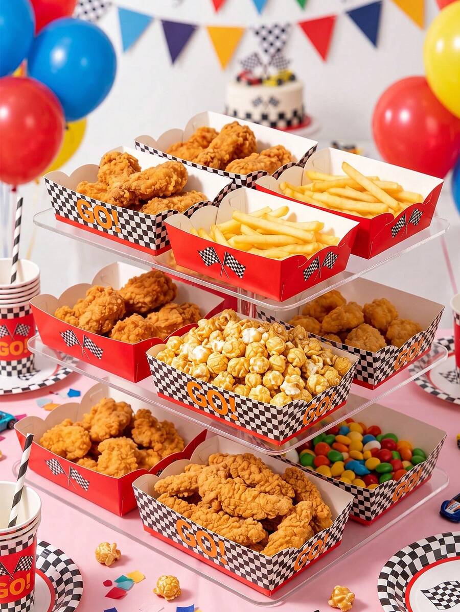 6pcs Racing Theme Paper Food & Snack Trays, Racing Theme Birthday Disposable Tableware Set, Racing Flag Style Paper Plates, Snack Trays, Food Containers, Baking Trays, Popcorn Boxes, Suitable For Racing Theme 1st Birthday Party Decoration, Fan Gathering, Wedding, Baby Shower, Party Gift Box, Party Supplies