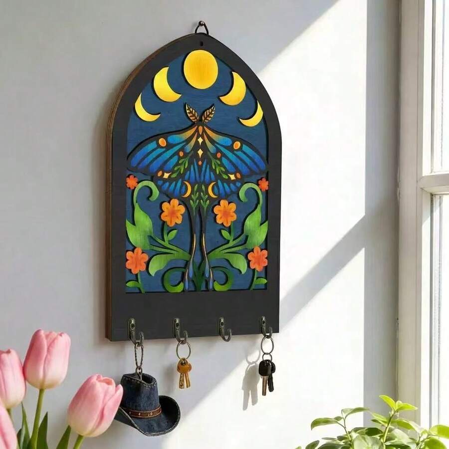 2 Pack Bohemian Style Wooden Key Hook Rack Wall Mounted Home Decor Organizer Key Holder For Entryway Bedroom Living Room Storage Solution Handcrafted Design - Multicolor - View 1