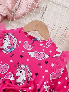 Young Girls Spring/Autumn Sweet Flutter Sleeve Cartoon Print Bow Puff Tulle Princess Dress - Hot Pink - View 4