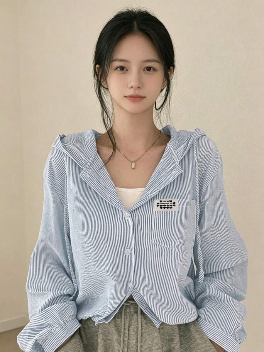 YCYC Spring/Autumn Fashion Sweet Versatile Striped Button-Down Shirt - Blue - View 1
