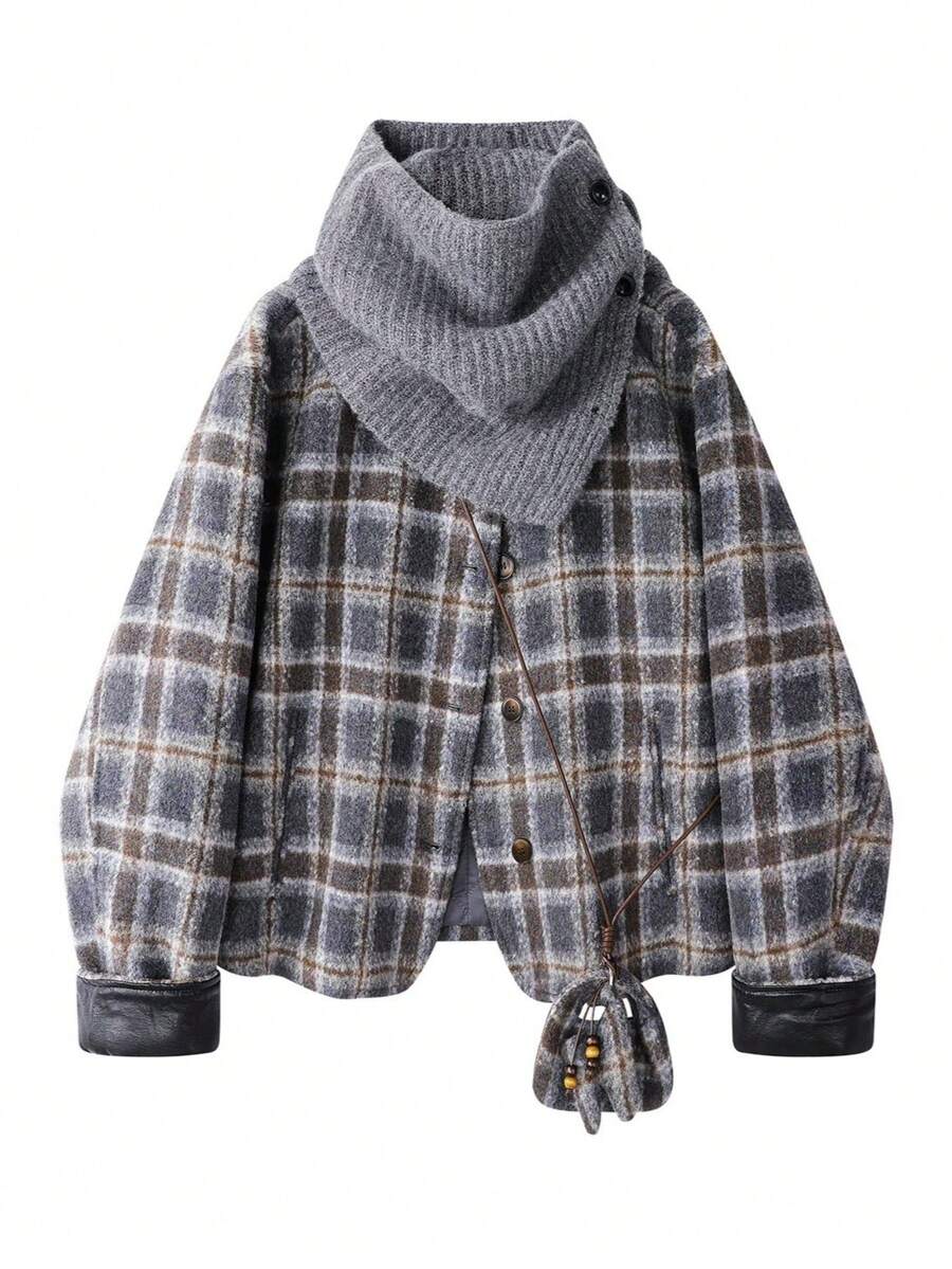 Premium Chic Colorblock Plaid Winter Short Overcoat Patchwork Top Elegant Travel Casual Vacation - Dark Grey - View 1