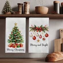 MEMNUN 2 Pcs Christmas Tree Gift Box Decorative Ball Printed Pattern Kitchen Towels Dish Cloths, Ultra-Fine Microfiber Polyester Material, Merry Christmas . Merry And Bright Christmas Theme Holiday Decoration Hand Towels, Home Decor, Kitchen Decor, Christmas Decor, Suitable For Restaurant Kitchen, Holiday Decoration And Gift Giving, 40*60cm/45*70cm - Multicolor - View 1