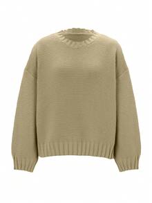 Sweater Rajut Tebal Leher Bulat Wanita, Pullover Pendek Longgar Lengan Panjang Bahu Jatuh, Atasan Rajut Warna Polos untuk Perjalanan Sehari-hari Musim Gugur/Dingin - Hijau - View 4