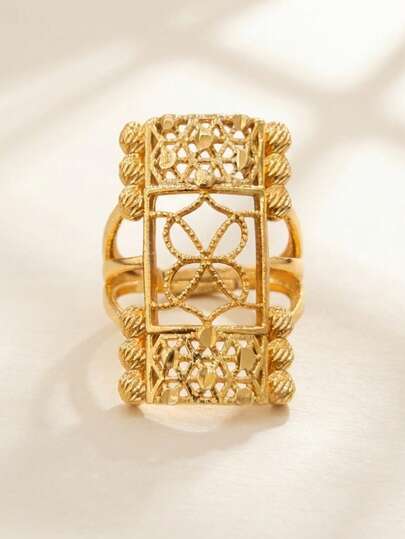24K Gold Plated Butterfly Open Adjustable Ring, Rust-Resistant Gold Alternative Filigree Lattice Oval Metal Statement Ring Fine Jewellery