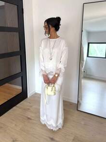 Women's White Non-Stretchy Two Pieces Outfits Sleeve Lace Trim Maxi Set For Daily Lounge Wear - White - View 5