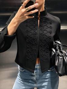 Autumn/Winter Solid Color Metal Button Stand Collar Long Sleeve Cropped Slim Fit Military Style Jacket, Urban Commute Street Style Afternoon Tea Outerwear, Black - Black - View 5