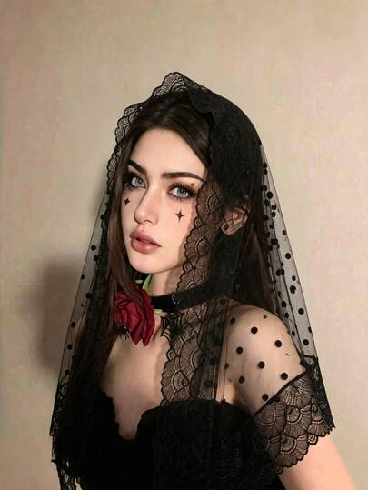 1 pieza Velo triangular de encaje con lunares góticos de Halloween, pañuelo de cosplay negro y blanco, accesorio de disfraz para fiesta de Halloween