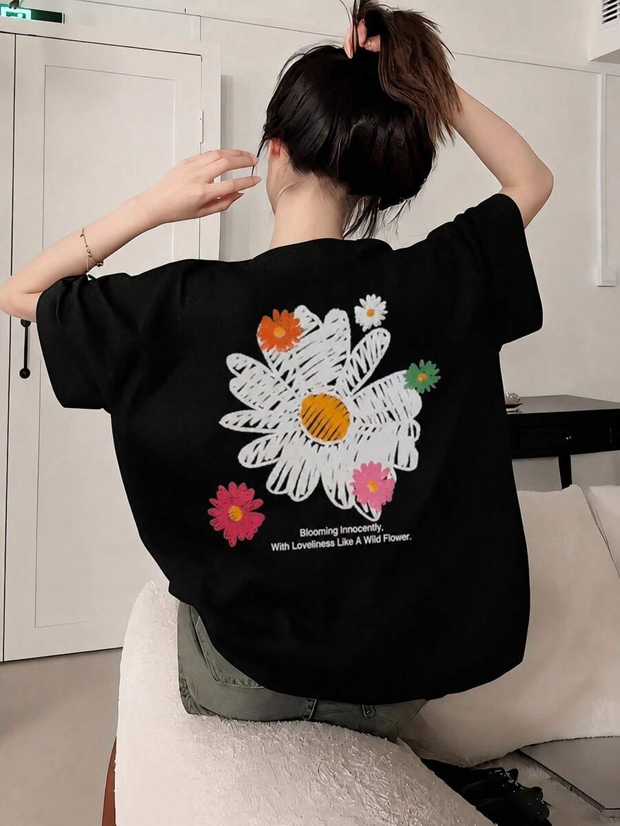 女士宽松圆领短袖字母花卉印花T恤,春夏黑色休闲款 - 黑色 - 查看 1