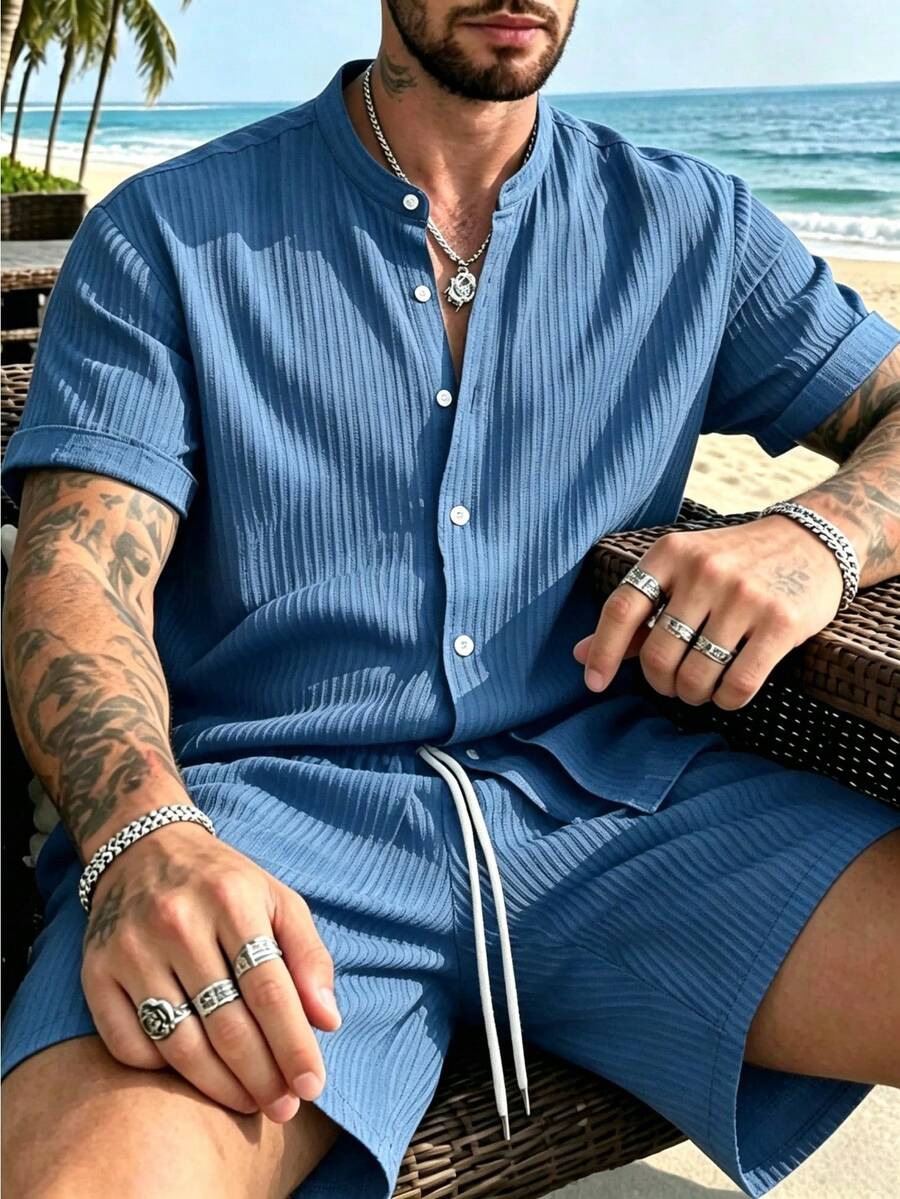 Men Shirt Co-Ords - Blue - View 1