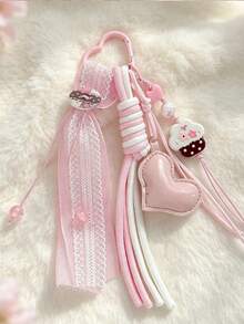 Korean Style Pink Cake Heart Bag Charm, Lace Ribbon Braided Rope Keychain, Cute Girly Bag Pendant - Multicolor - View 4