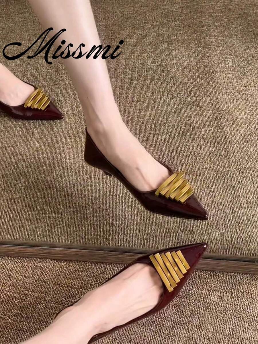 女款高級小眾蛇紋尖頭細高跟單鞋 春秋法式風格 晚宴通勤時尚奶奶鞋 - 酒紅色 - 查看 1