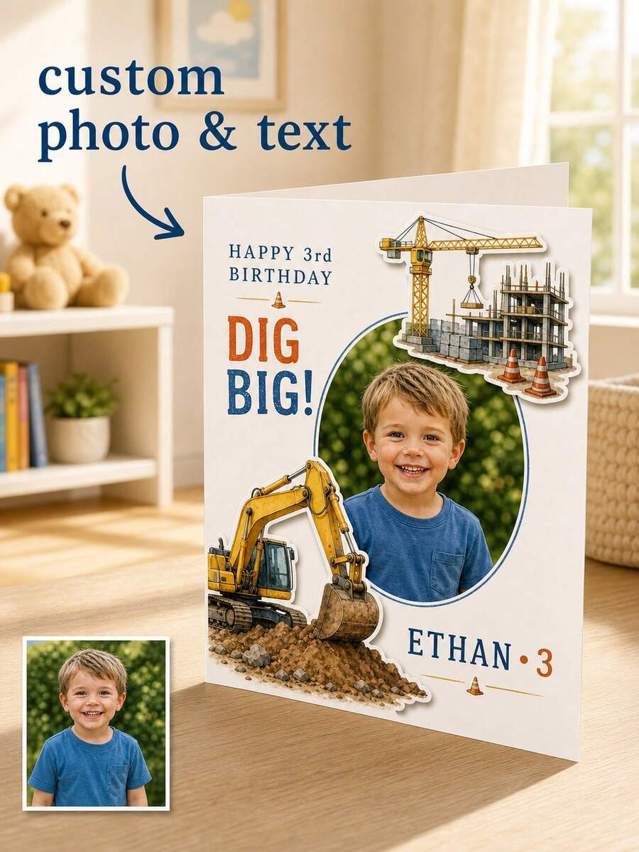 Customized Photo & Text Construction Birthday Card, Includes Child's Photo, Name And Age, Excavator & Construction Site Theme, Suitable For Construction Themed Birthday Party, Special Commemorative Gift For Boys - Multi-color - View 1