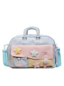 1 buah Tas Duffle Blok Warna Kawaii, Dekorasi Bintang Berbulu, Tas Perjalanan Kapasitas Besar, Tas Tangan & Tas Selempang dengan Tali yang Dapat Diatur untuk Sekolah dan Gym - MultiWarna - View 15