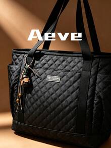 2026 Autumn/Winter New Large Capacity Padded Quilted Plaid Tote Bag, College Student Book Bag, Suitable For Shopping, Dating, Vacation, Commuting, Outdoor Travel, Mommy Bag - Black - View 3