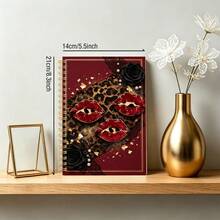 DANPERJI دفتر ملاحظات حلزوني A5 قطعة واحدة، فن راقي بتصميم شفاه حمراء متكررة على خلفية نمر برغندي، دفتر يوميات للكتابة، بأسلوب عصري ريترو فاخر، للعمل اليومي والتسجيل الشخصي، ملاحظات ذهنية، دفتر تأمل شخصي - NX - مشاهدة 6