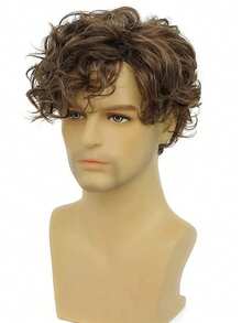 Men's Short Brown Wig, Curly Layered Natural Side Part Hairstyle, Heat Resistant Synthetic Wig With Wig Cap - Brown - View 2