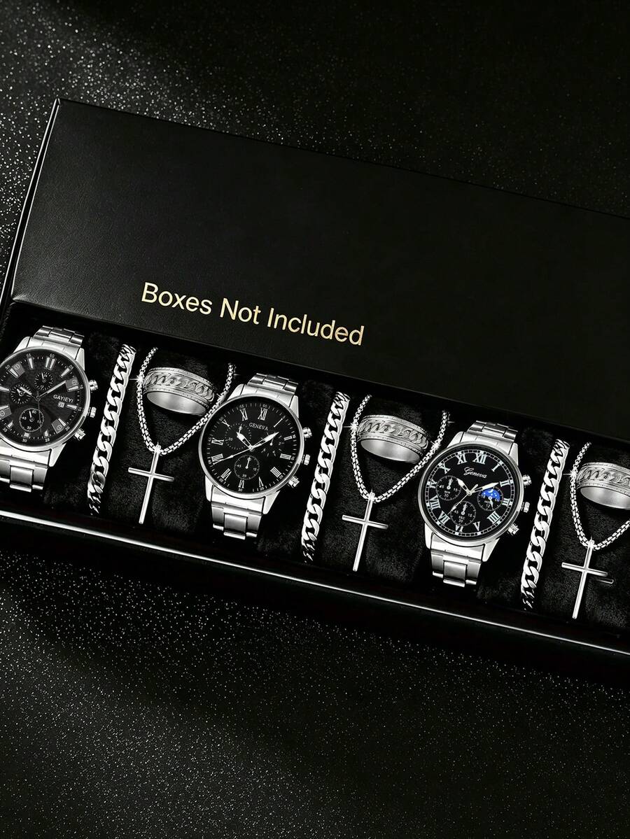 12pcs Men's Luxury Watch Accessory Set, Men's Quartz Watch With Multiple Dial Options, Paired With Rings, Necklaces And Bracelets, Rugged Men's Hand Accessories. Suitable For National Day, Business Travel, Party Gatherings, Back To School, Christmas, Thanksgiving And Other Occasions, Cool And Atmospheric, Can Be Used As Holiday Gifts, Excellent Gift Choice For Boyfriend. - Silver - View 1
