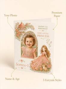Personalized Photo First Birthday Greeting Card, Custom Name And Age, Princess Theme With Floral Fairy Tale Artwork, Picture Birthday Card For Girls, First Birthday Celebration Card, Custom Photo Card For Daughter, One Year Old Birthday Keepsake - Multi-color - View 8