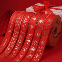 5 Yards 2.5cm Gold Foil Polyester Green Red Christmas Satin Ribbon Bows, Christmas Snowflake Christmas Tree Snowman Print Ribbon Webbing For DIY Christmas Party Decoration Gift Wrapping Bows Crafts - Christmas Collection - View 4