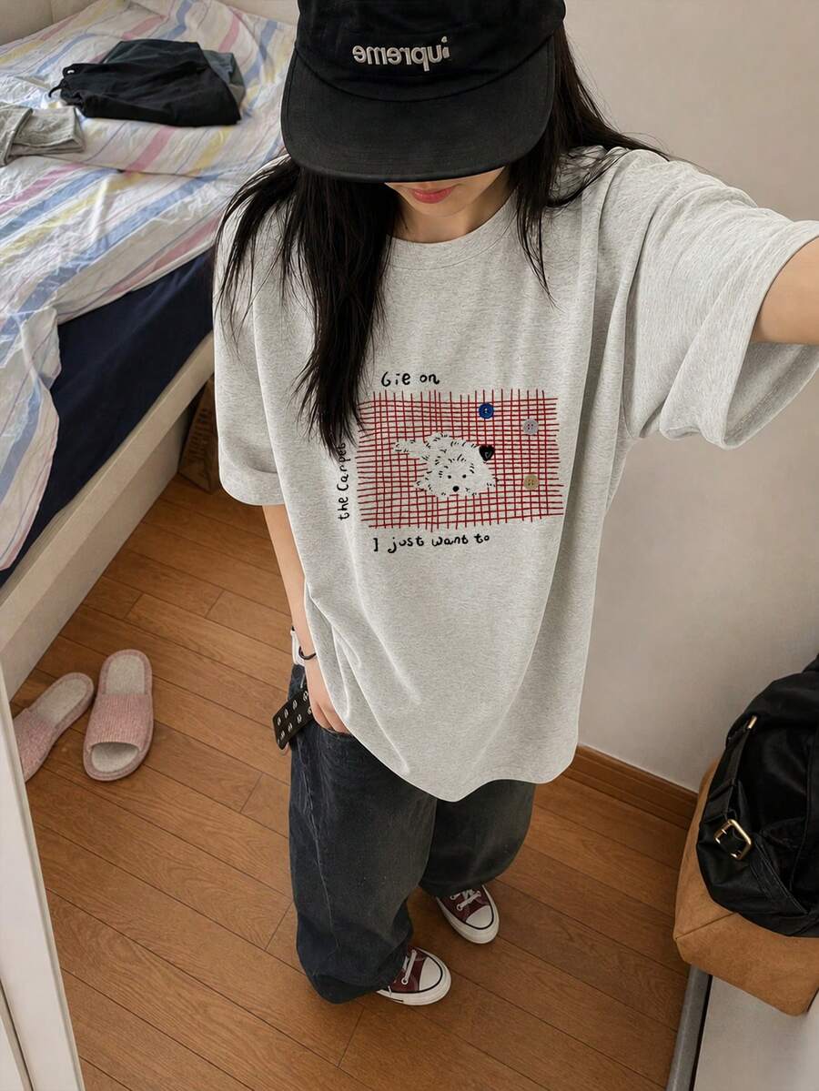 日系女装夏季宽松圆领时尚简约字母狗狗印花短袖T恤休闲款 - 淺花灰 - 查看 1