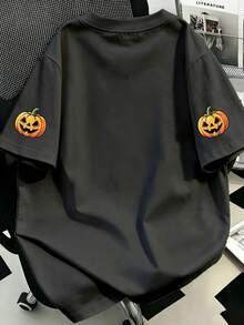 Plus Size Women's Halloween Ghost & Pumpkin Graphic Print Short Sleeve Round Neck Regular T-Shirts - Black - View 2