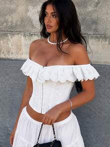 Elegant Short Fitted Corset Top With Embroidered Ruffle Trim, Front Hook Closure, Summer Electronic Music Festival Party White - White - View 8