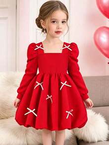 Galaxy Graffiti 4-7 Years Old Girls Dress, Square Neck Puff Sleeve Ribbon Bow, Vintage Sweet Princess Style, Suitable For Christmas New Year Birthday Holiday - Red - View 1