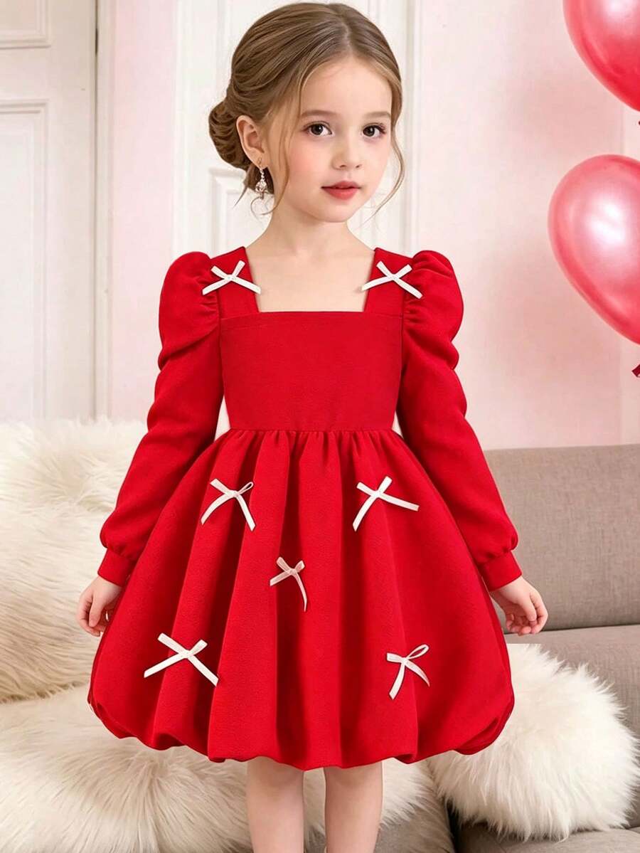 Galaxy Graffiti 4-7 Years Old Girls Dress, Square Neck Puff Sleeve Ribbon Bow, Vintage Sweet Princess Style, Suitable For Christmas New Year Birthday Holiday - Red - View 1