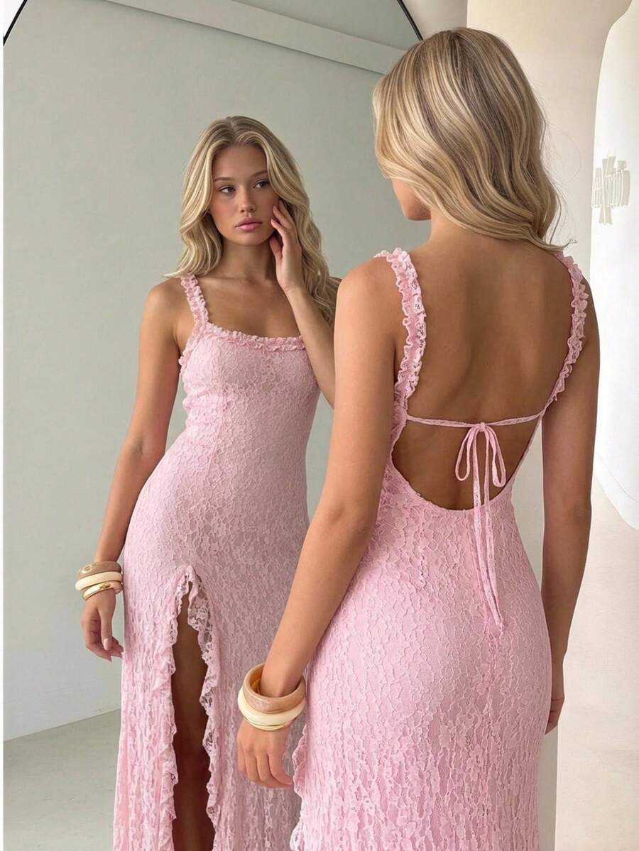 Women's Lace Detailed Strappy Backless Slit Maxi Dress - Pink - View 1