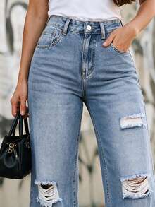 Women's Casual Distressed Straight Leg Jeans, With Pockets, Non-Stretch, Long Design, Creating A Loose Grunge Style - Light Wash - View 3