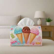 1pc Ice Cream Cone Dessert Print Fabric Tissue Box Cover, Pastel Color Cute Tissue Box Holder, Kitchen Desktop Picnic Activity Tissue Storage Cover, Home Tissue Box Protector - Multicolor - View 2