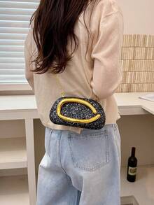 女款橢圓形亮片晚宴手拿包，純色亮片圖案，金色金屬彎曲手柄，華麗優雅風格，適合女士婚禮派對宴會使用 - 黑色 - 查看 3