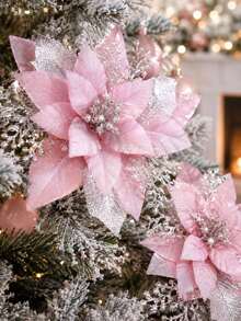 12/6pcs Pink Christmas Artificial Flowers With Clips And Sequins, Suitable For DIY Wreaths, Winter Parties, Christmas Tree Decorations And Christmas Party Decor - Pink - View 7