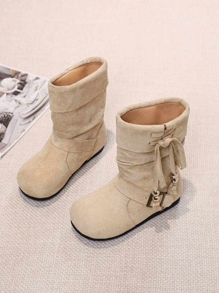 Girls Mid-Calf Long Boots Fashion Ruched Boots Student Boots - Beige - View 1