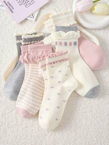 4 Pairs Women's Cute Sweet Breathable Floral Striped Pattern Forest Style Lace Mid-Calf Socks Short Socks White Socks Gray Socks Casual Comfortable Preppy Student Socks Fashion Comfortable Random Color Suitable For Daily Wear Spring Summer Autumn Winter All Seasons - Multicolor - View 5
