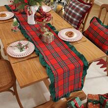 1pc Christmas Plaid Dual-Panel Velvet Fabric Ruffle Table Runner, Suitable For Christmas Holidays And Home Decor - Red Grid - View 6